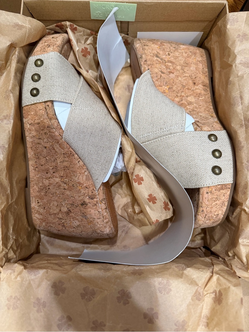 Lucky Brand Beige Cork Wedge Slide Sandals with Stud Detail